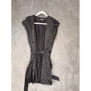Victoria's Secret Black Lace Sleeve Satin Robe Kimono‎ Short Sleeve Tie Belt S